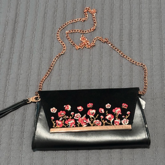 White House Black Market Black Clutch with Red Floral Embroidery - Picture 1 of 10